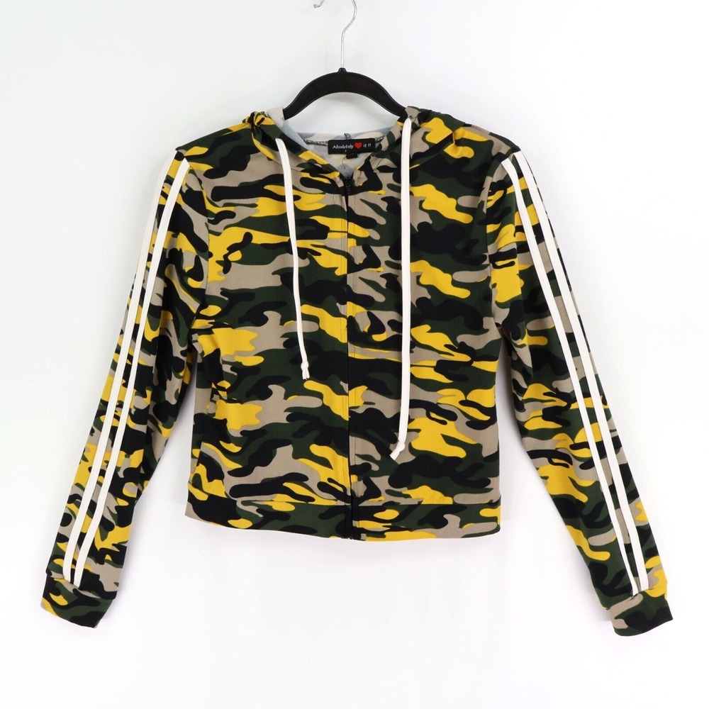 Black Yellow Full Zip Camoflauge Jacket Girls‎ Size XL Polyester Blend Hooded